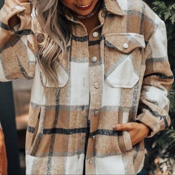 Khaki plaid oversized plaid flannel shirt shachet jacket - Picture 6 of 8